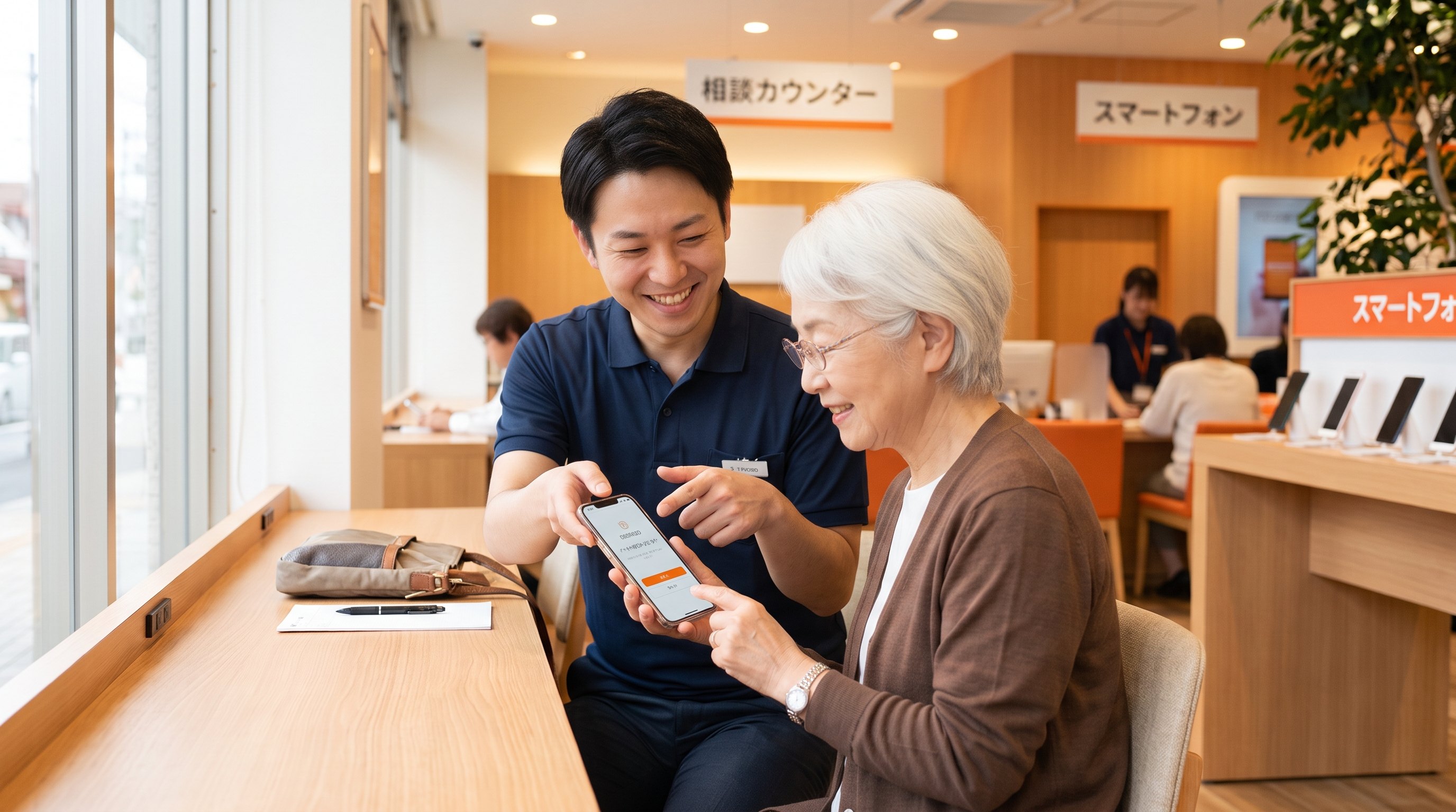店頭でスタッフがお客様のスマホ画面を指さしてアプリの操作を案内している様子