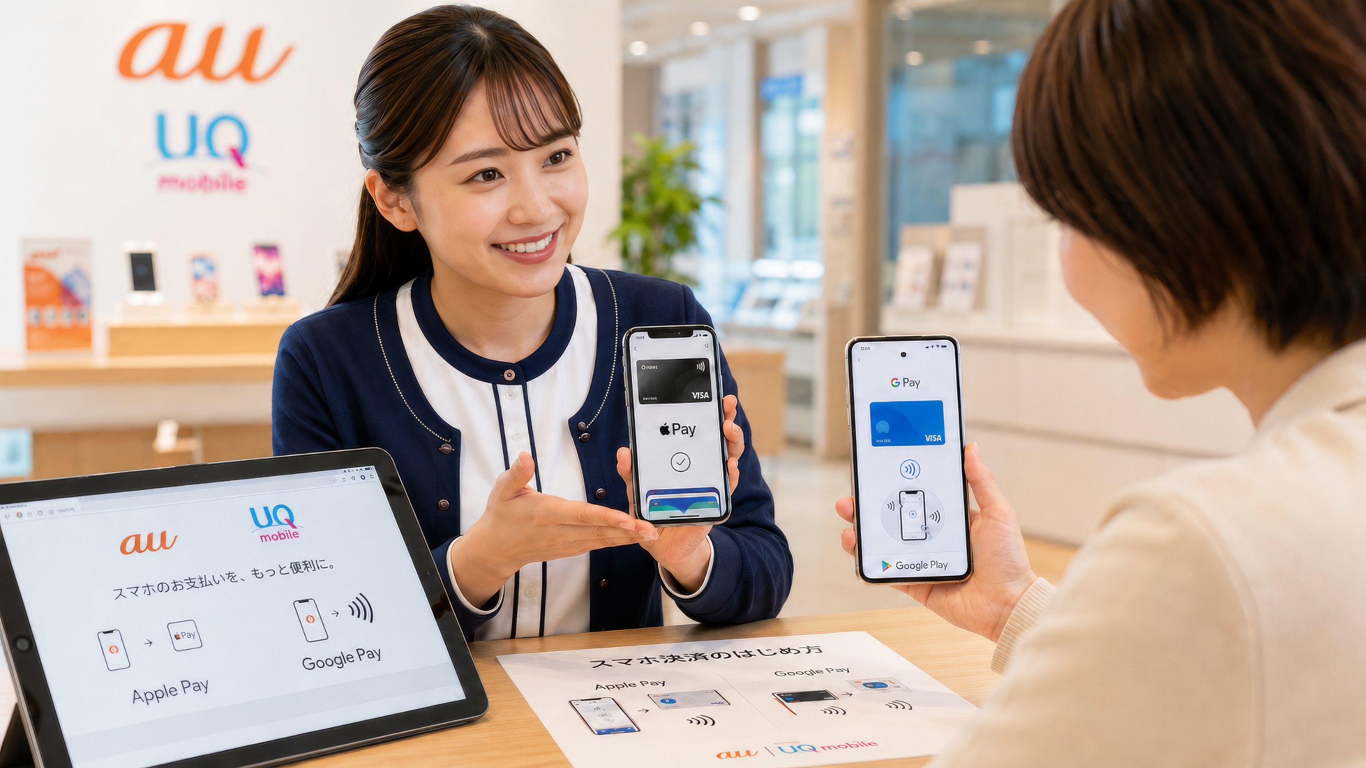 店頭でスタッフがお客様にApple PayとGoogle Payのタッチ決済設定を案内している様子