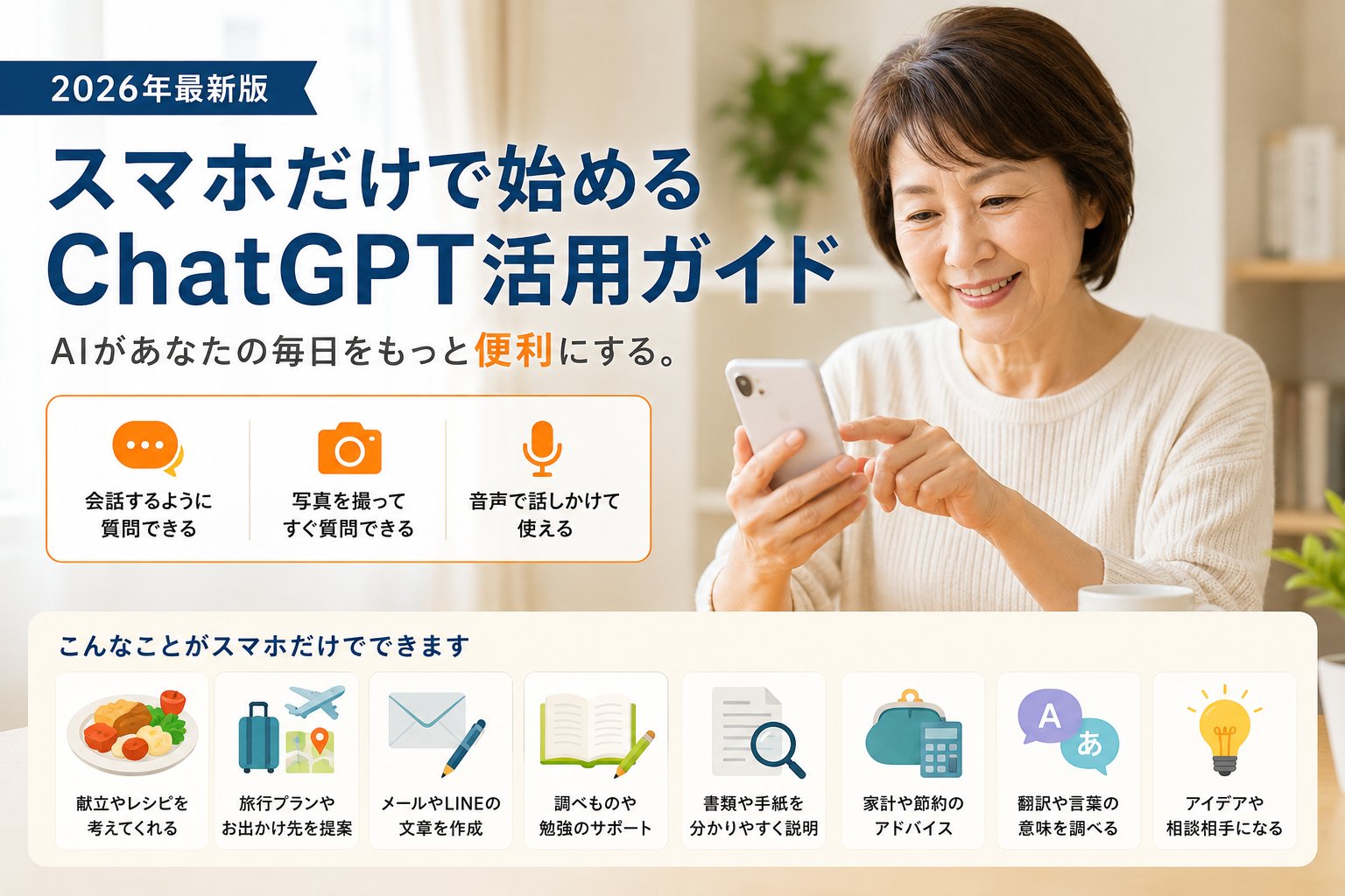 スマホだけで始めるChatGPT活用ガイド（会話・写真・音声でできること）の図解