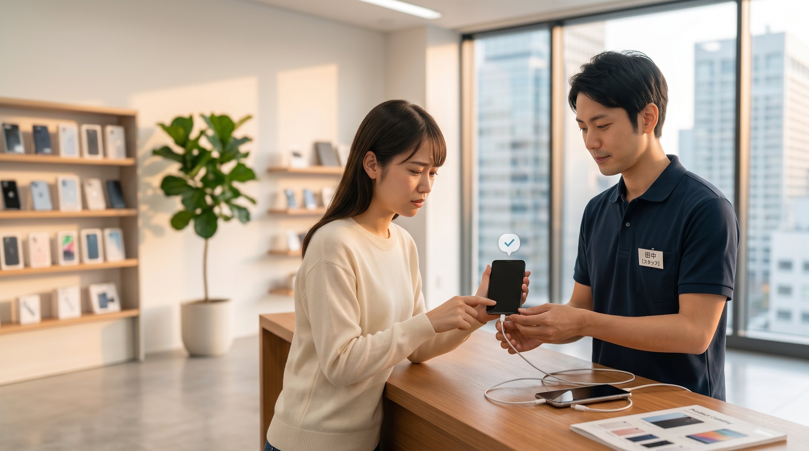 画面が真っ黒なスマホを充電ケーブルで確認するお客様とスタッフ
