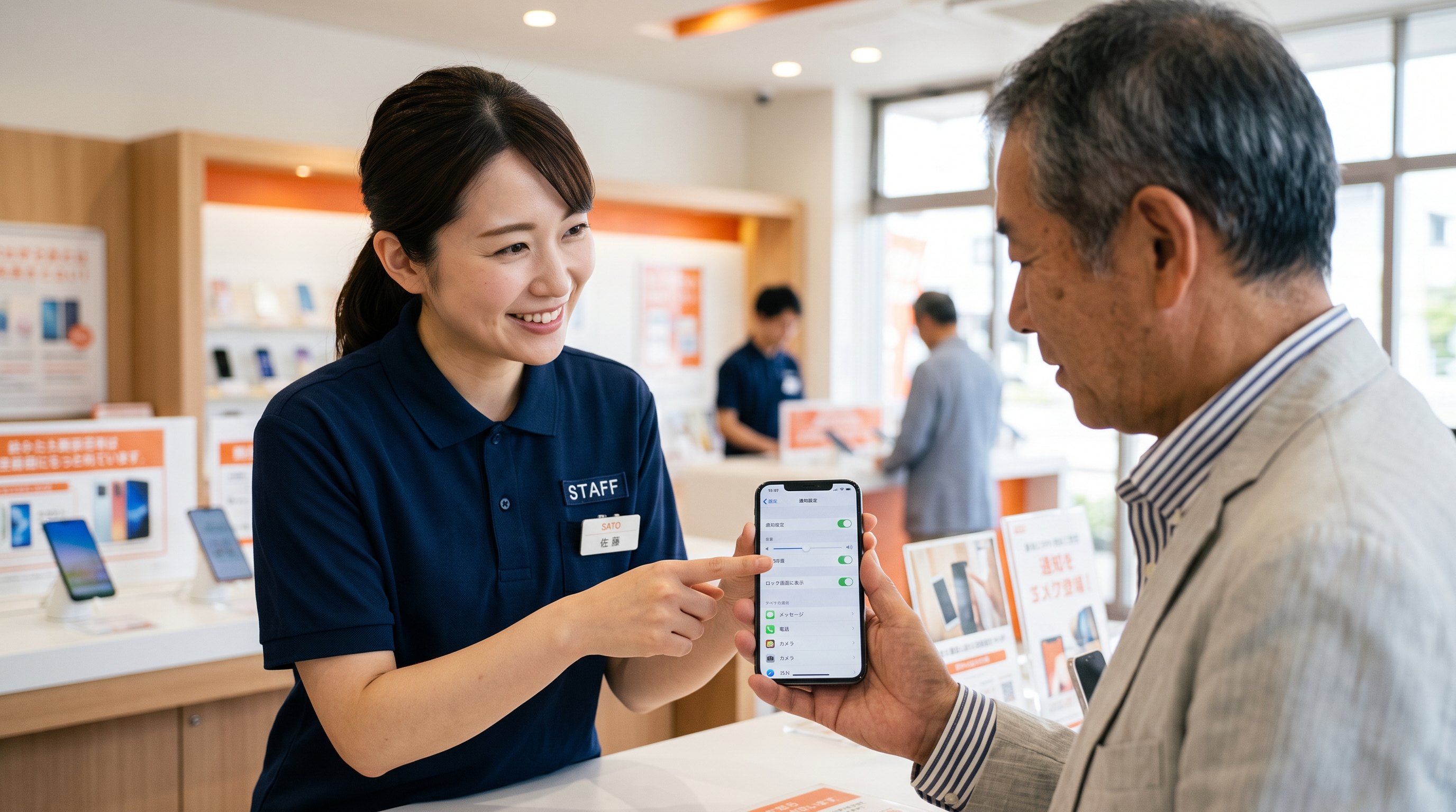 店頭でスタッフがお客様のスマホの通知設定画面を指さして案内している様子