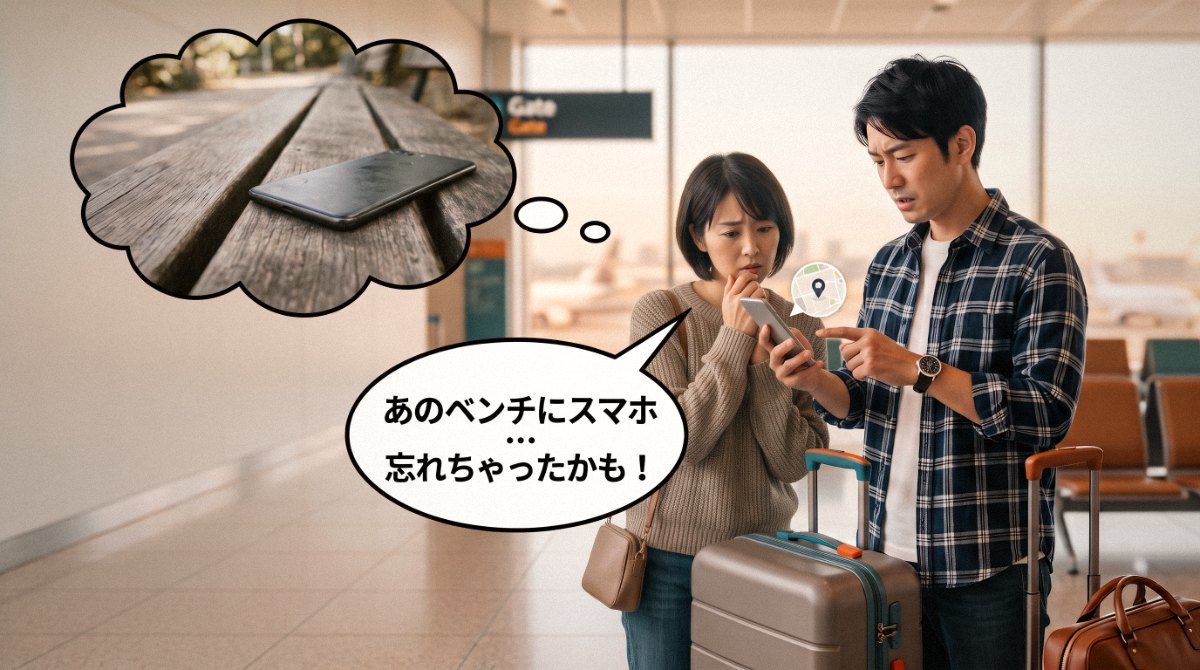 空港で地図アプリを見ながら置き忘れたスマホを探す旅行中の夫婦