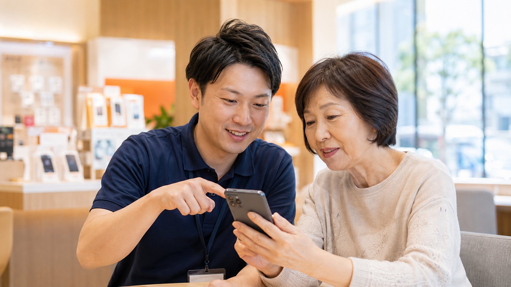 店頭でスタッフがお客様のスマホ画面を指さして操作を案内している様子