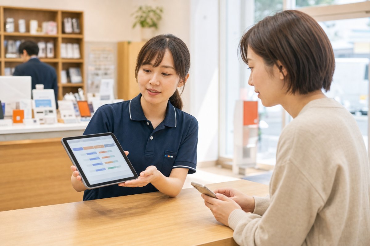 店頭でタブレットのプラン比較を見ながら乗り換えを相談するお客様とスタッフ