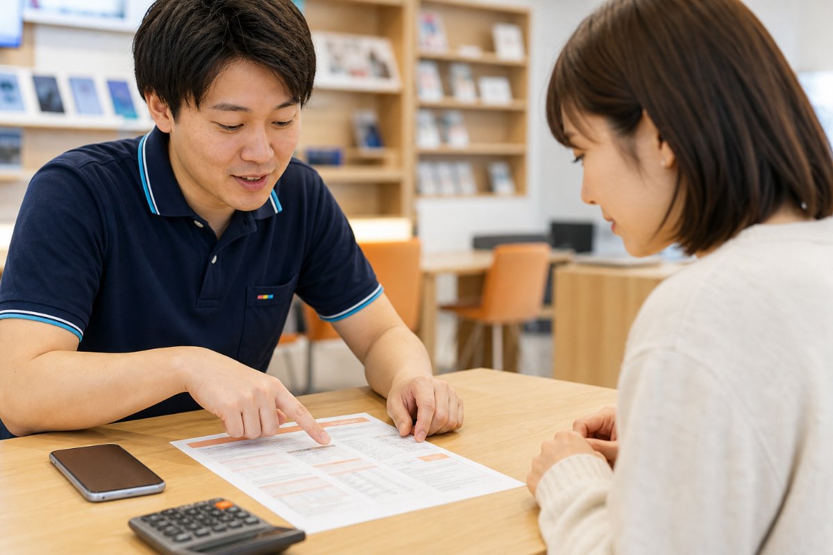 店頭で支払い内訳を指さしながら残債を確認するスタッフとお客様
