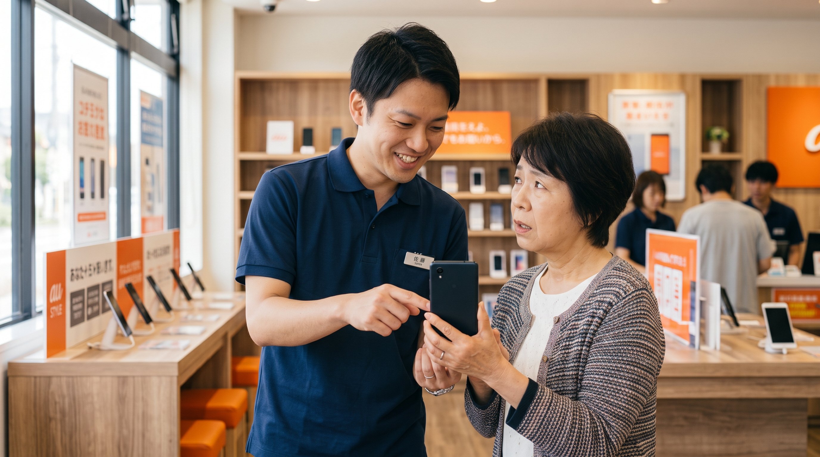 店頭でスタッフがお客様のスマホ画面を指さして操作を案内している様子