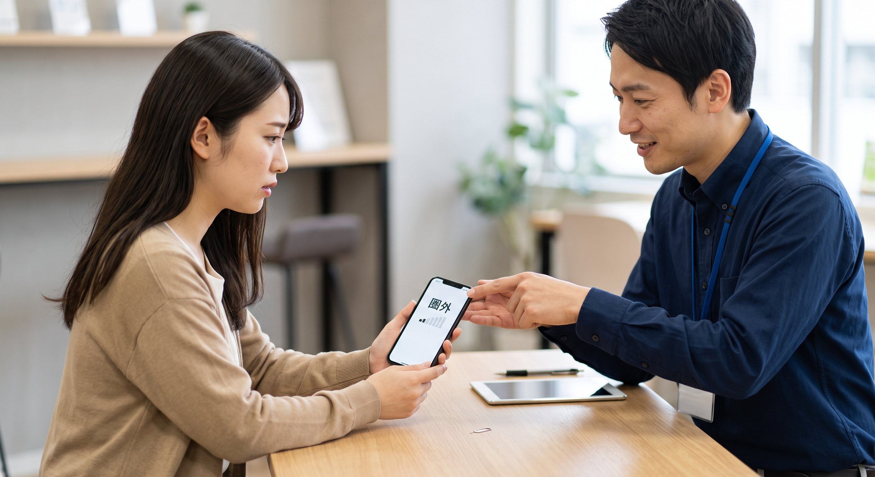 「圏外」表示のスマホを見せて店頭で相談するお客様とスタッフ