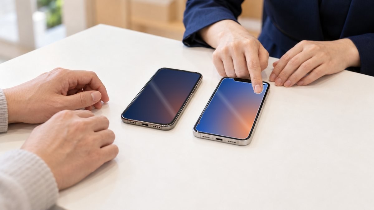 カウンターに並べた古いスマホと新しいスマホを前に、スタッフがデータ移行の手順を案内している手元