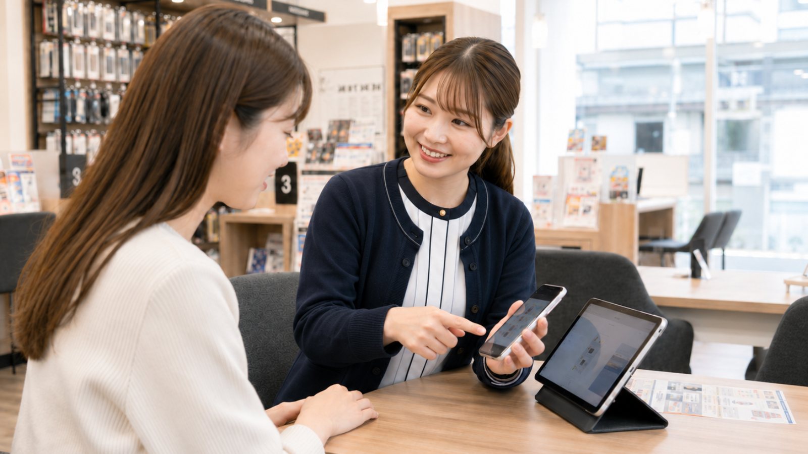 au Styleの店内で、スタッフがスマホの画面を見せながらお客様に機種を説明している様子