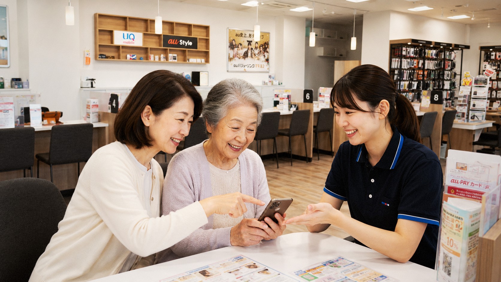 店舗で、娘・母・スタッフが一緒にスマートフォンを見ながら相談している様子