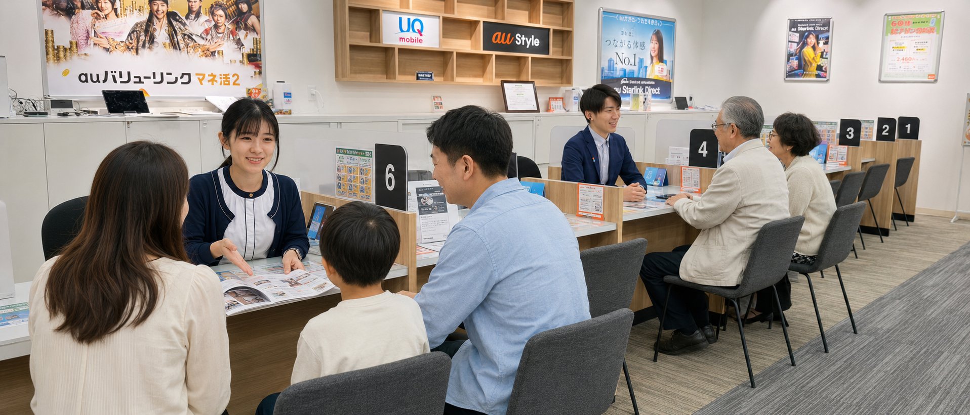 店舗のカウンターで、ご家族がスタッフからパンフレットを見ながら相談を受けている様子