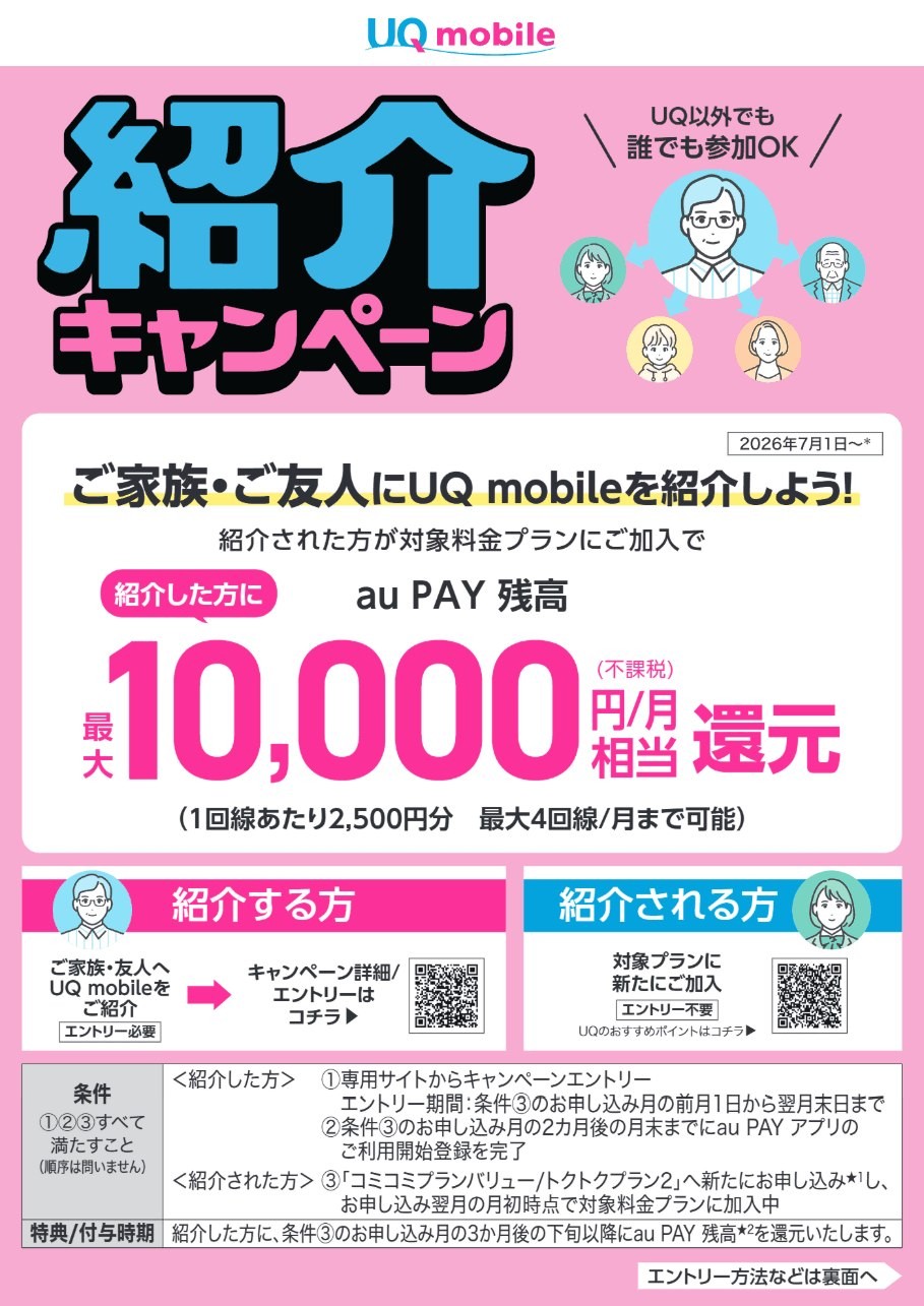 UQ紹介キャンペーンチラシ：紹介された方が対象料金プランにご加入で、紹介した方にau PAY残高 最大10,000円/月相当を還元（1回線あたり2,500円分・最大4回線/月まで）